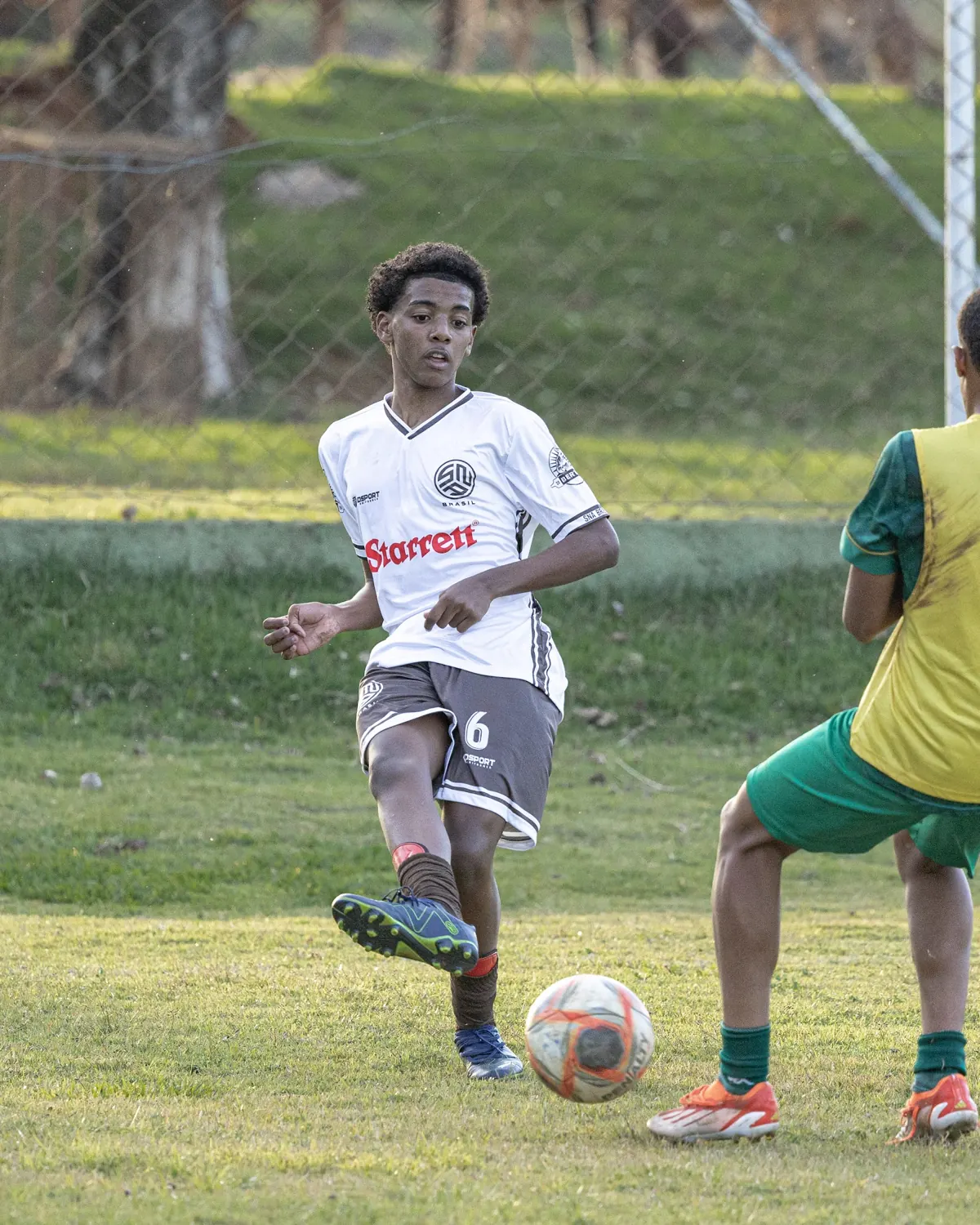 Atleta de camisa número 6 prepara o passe